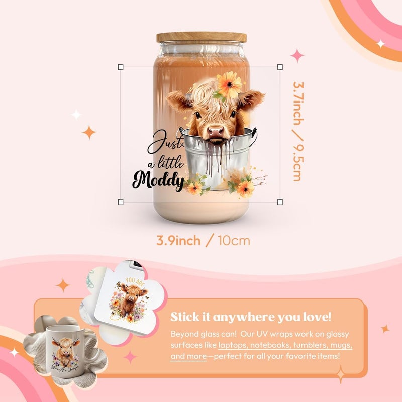 KACIOLA STUDIO Cow UV DTF Cup Wrap -20 Sheets Highland Cow Theme UV DTF Cup Wraps for 16 oz Glass Mugs Coffee, UV DTF Decals Waterproof Rub on Transfer Stickers DIY Mug Glasses Crafting - Image 5
